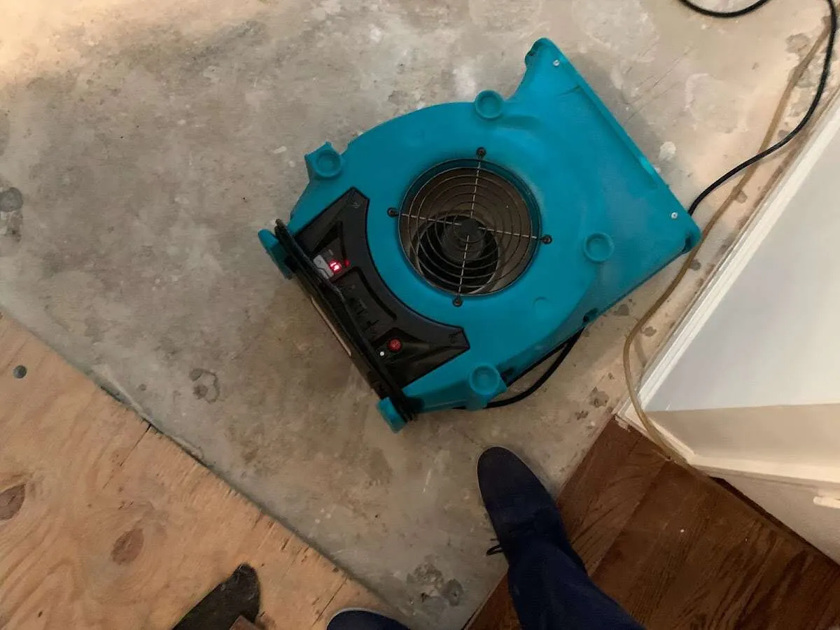Air mover drying subfloor during Commercial Water Damage Restoration in Alvin